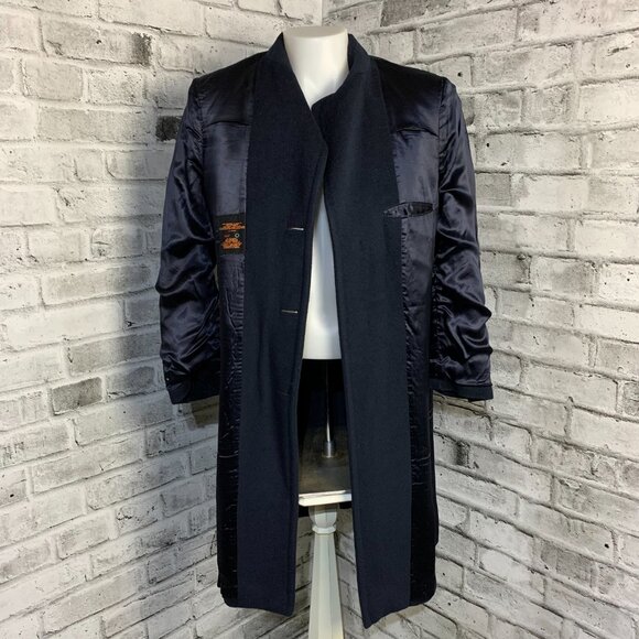 Aquascutum London Vintage 90s Cashmere Wool Overcoat Medium Navy Trench Coat - Picture 7 of 16